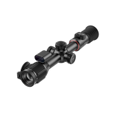 A black thermal rifle scope with adjustment knobs, a red accent ring, and a textured eyepiece.