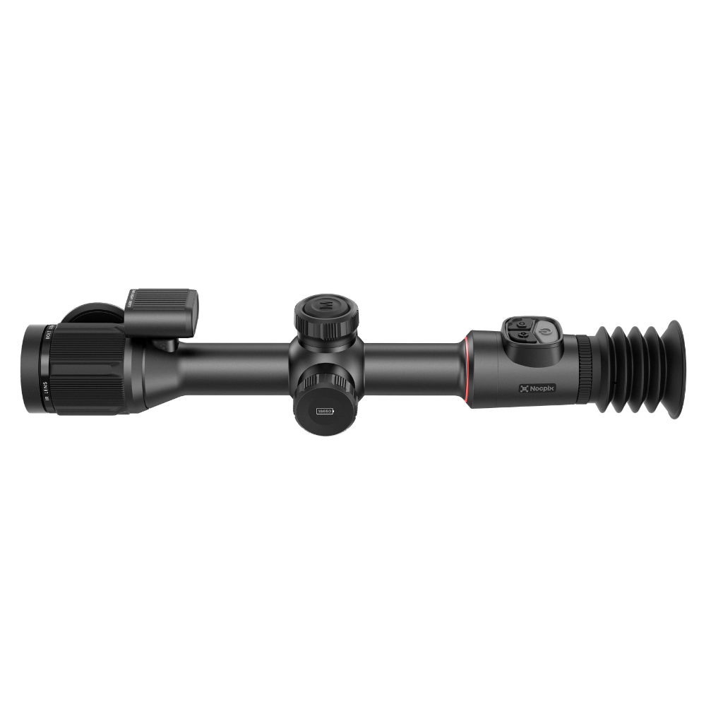 A black thermal rifle scope with a textured rubber eyepiece and a red accent ring, shown horizontally.