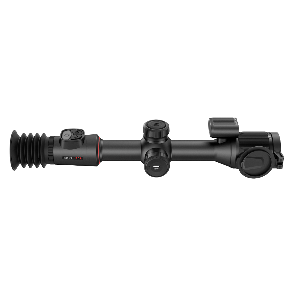 A black thermal rifle scope with a textured rubber eyepiece and a red accent ring, shown horizontally.