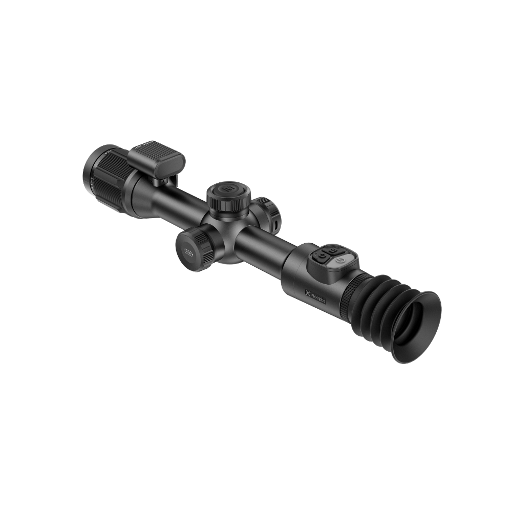 A black thermal rifle scope with a textured rubber eyepiece and a red accent ring, shown horizontally.