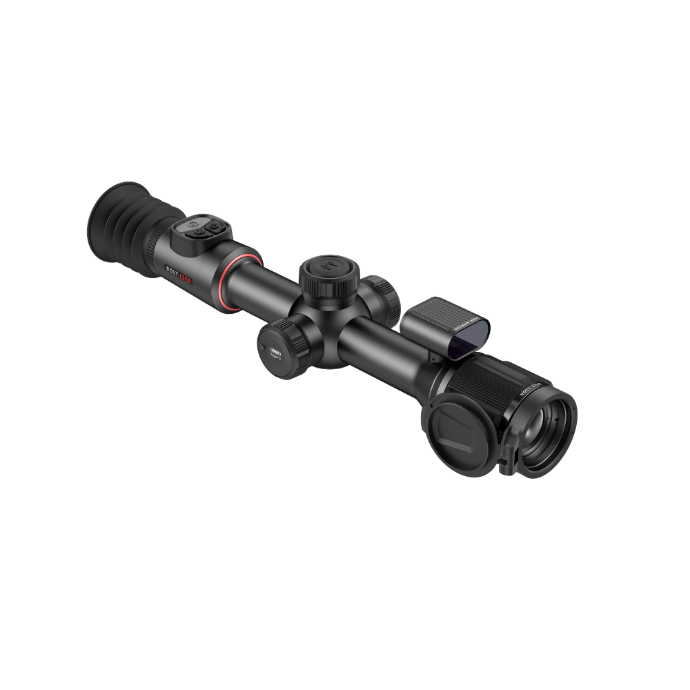 A black thermal rifle scope, shown at a diagonal angle.