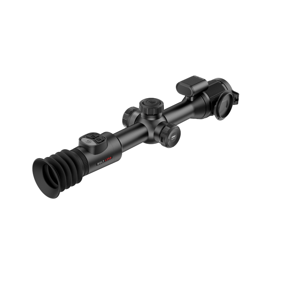 A black thermal rifle scope with a rubberized front lens collar and adjustable mounting head.