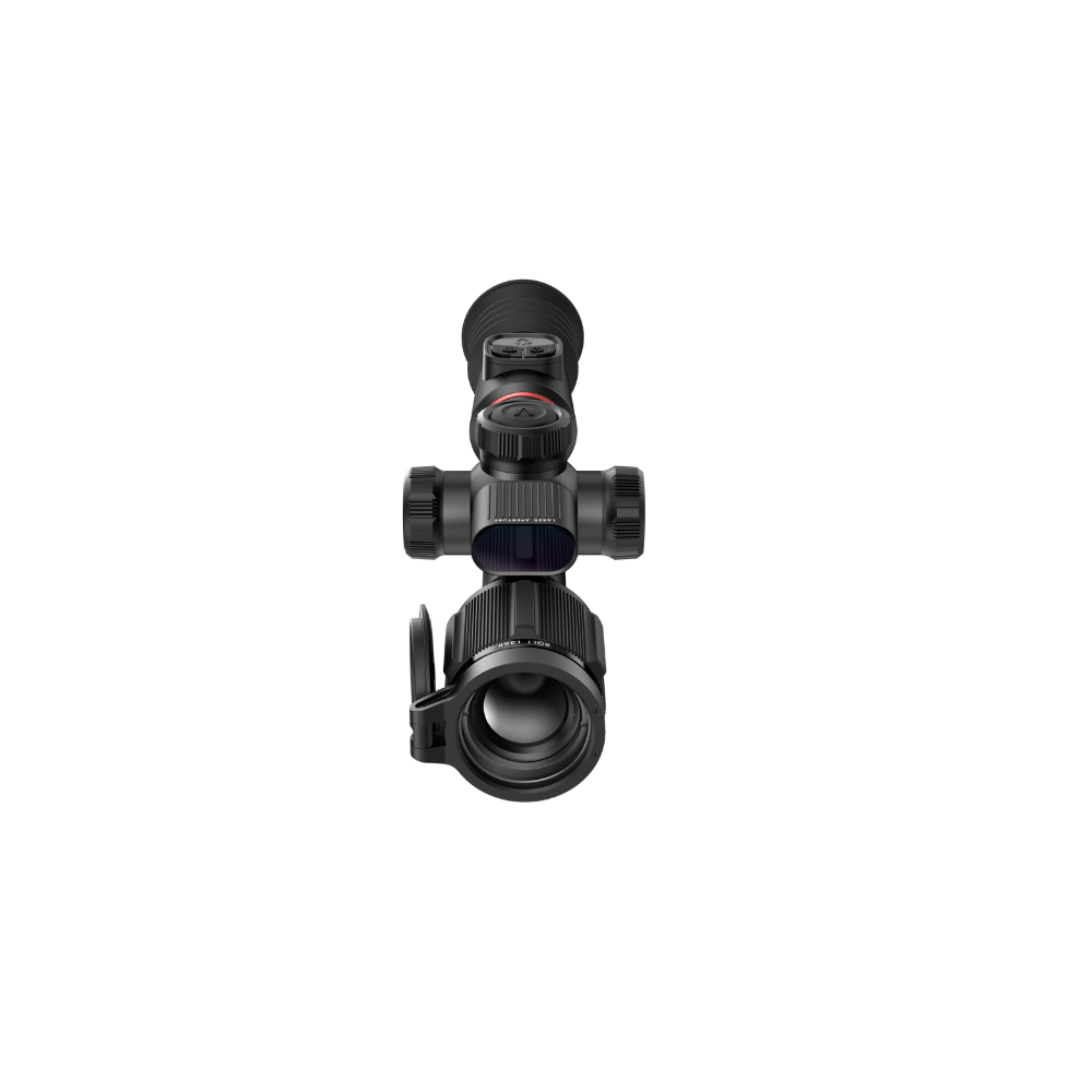 A black thermal rifle scope with a mounted laser sight and attached lens cover, shown from a top-down perspective.