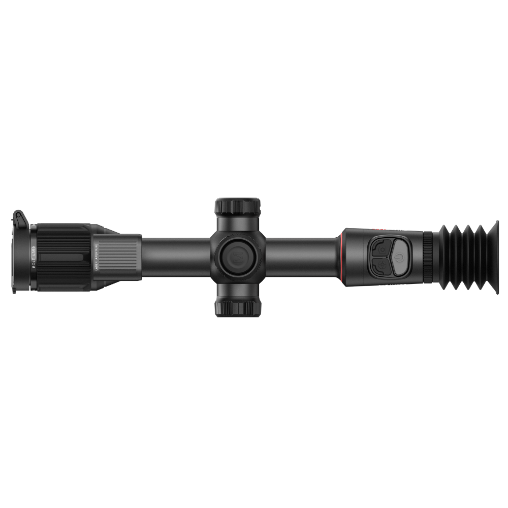 A black thermal rifle scope with adjustment knobs, a red accent ring, and a textured eyepiece.