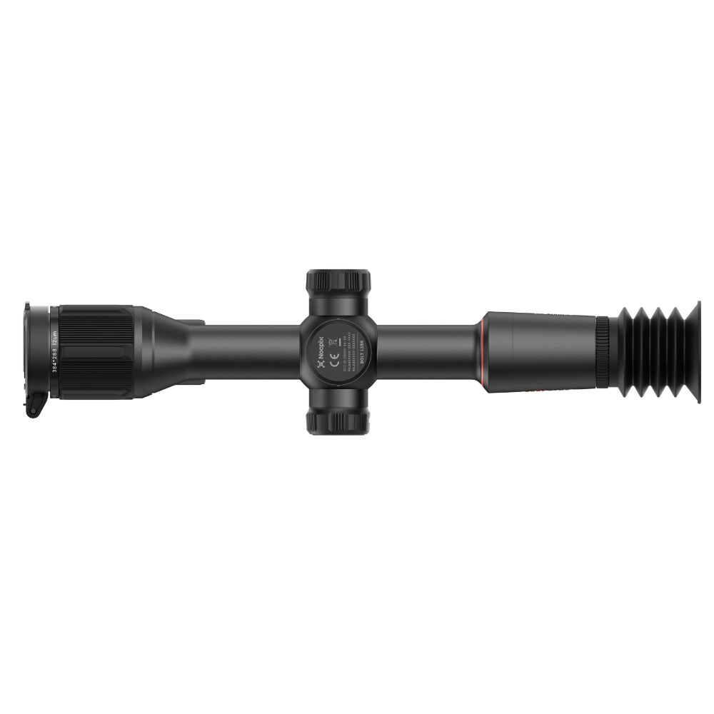 A black thermal rifle scope with a textured rubber eyepiece and a red accent ring, shown horizontally.
