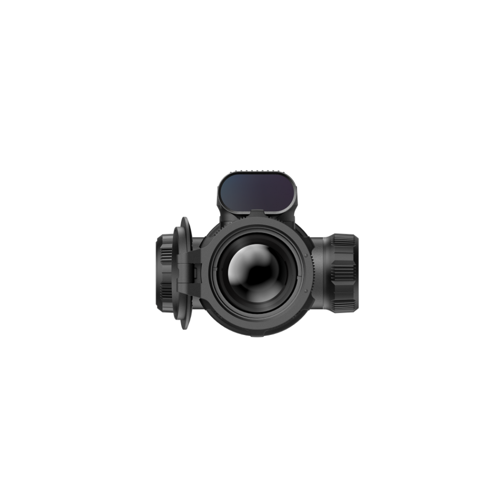 A black thermal rifle scope with a textured rubber eyepiece and a red accent ring.