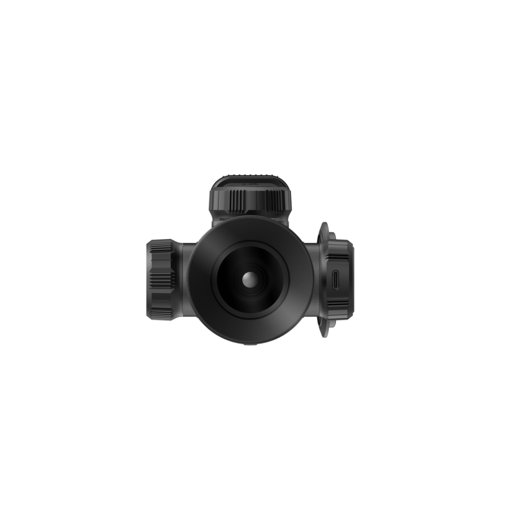 A black rifle scope shown from the front.