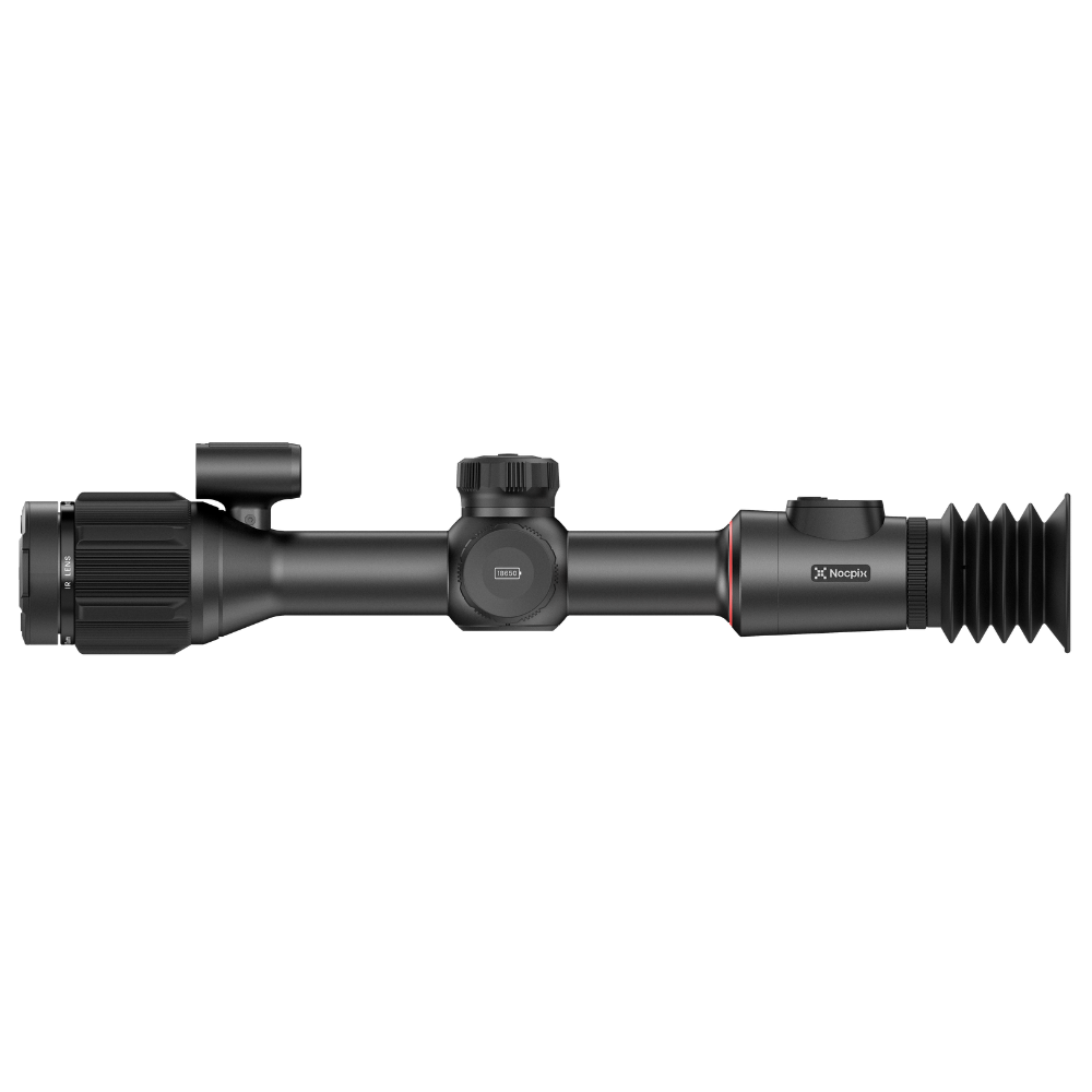 A black thermal rifle scope with a textured rubber eyepiece and a red accent ring, shown horizontally.
