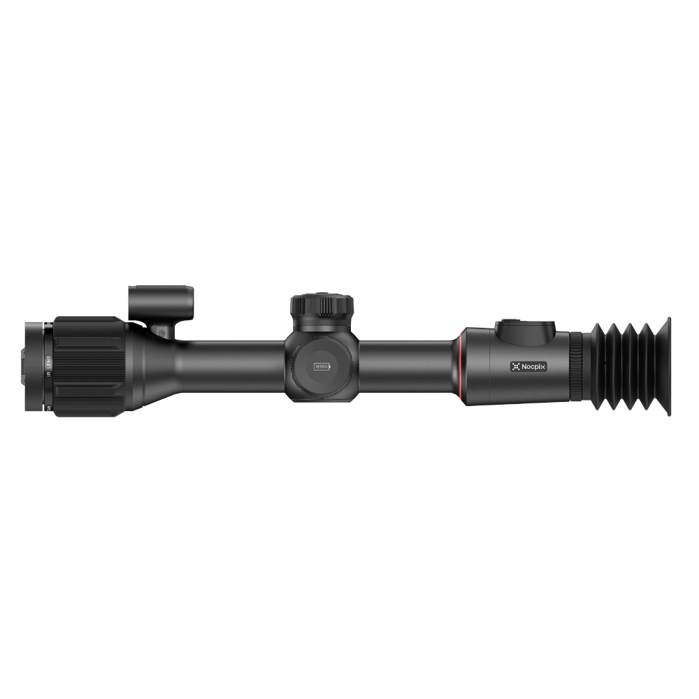 A black thermal rifle scope with a textured rubber eyepiece and a red accent ring, shown horizontally.