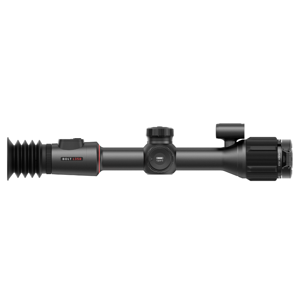 A black Bolt thermal rifle scope with a red accent ring and white branding, shown horizontally.