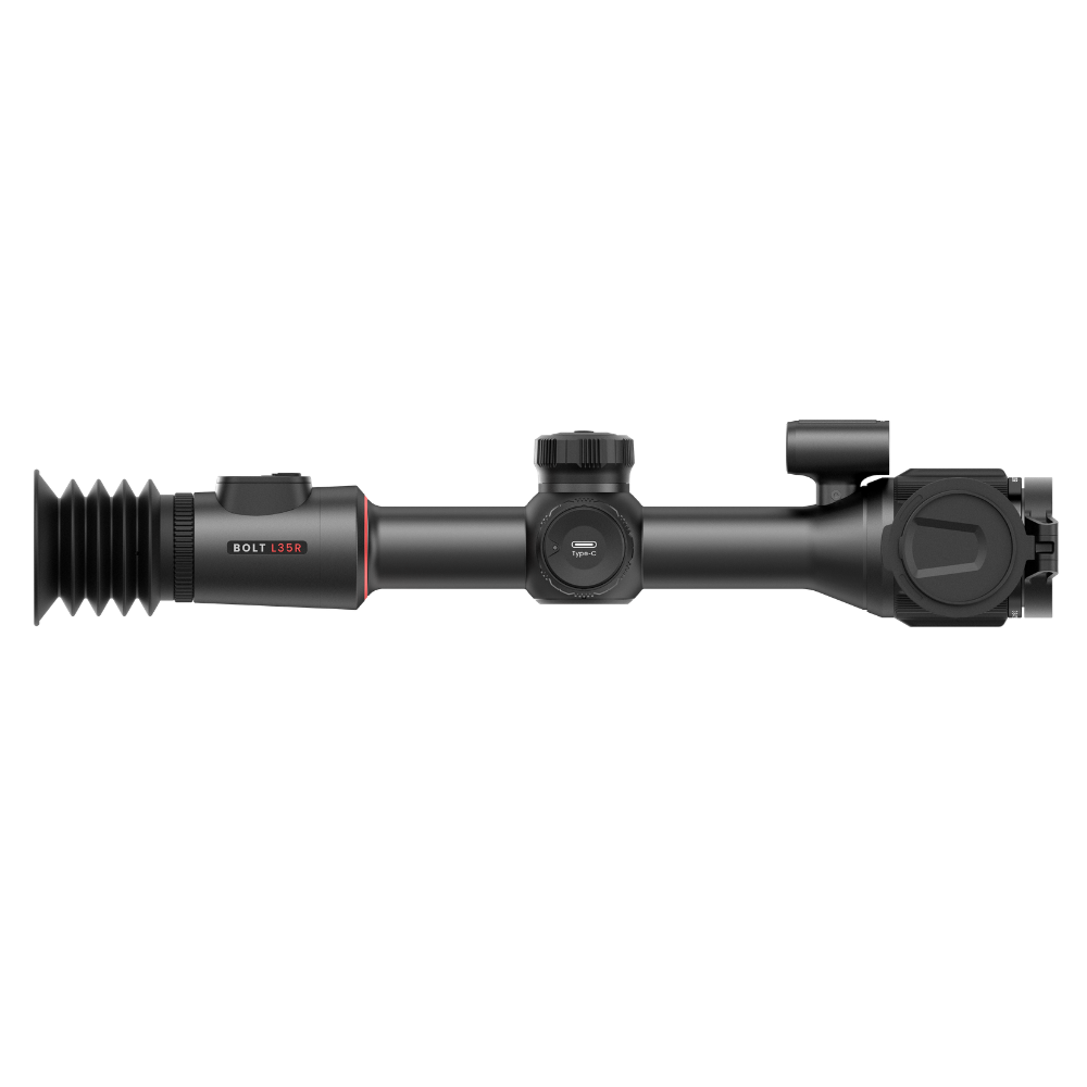 A black thermal rifle scope with a textured rubber eyepiece and a red accent ring, shown horizontally.