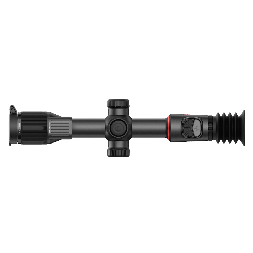 A black rifle scope with a red accent ring and a textured rubber eyepiece, shown horizontally.