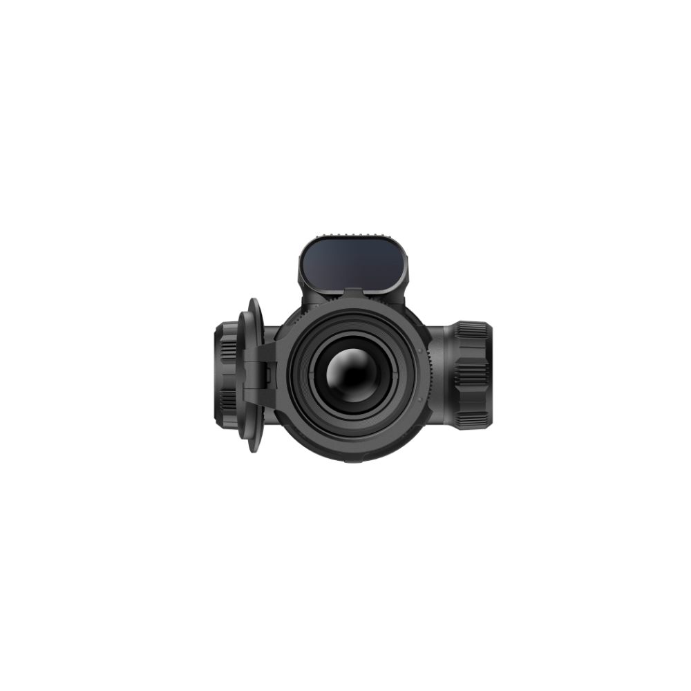 A black rifle scope with a large front lens and side adjustment knobs, centered.