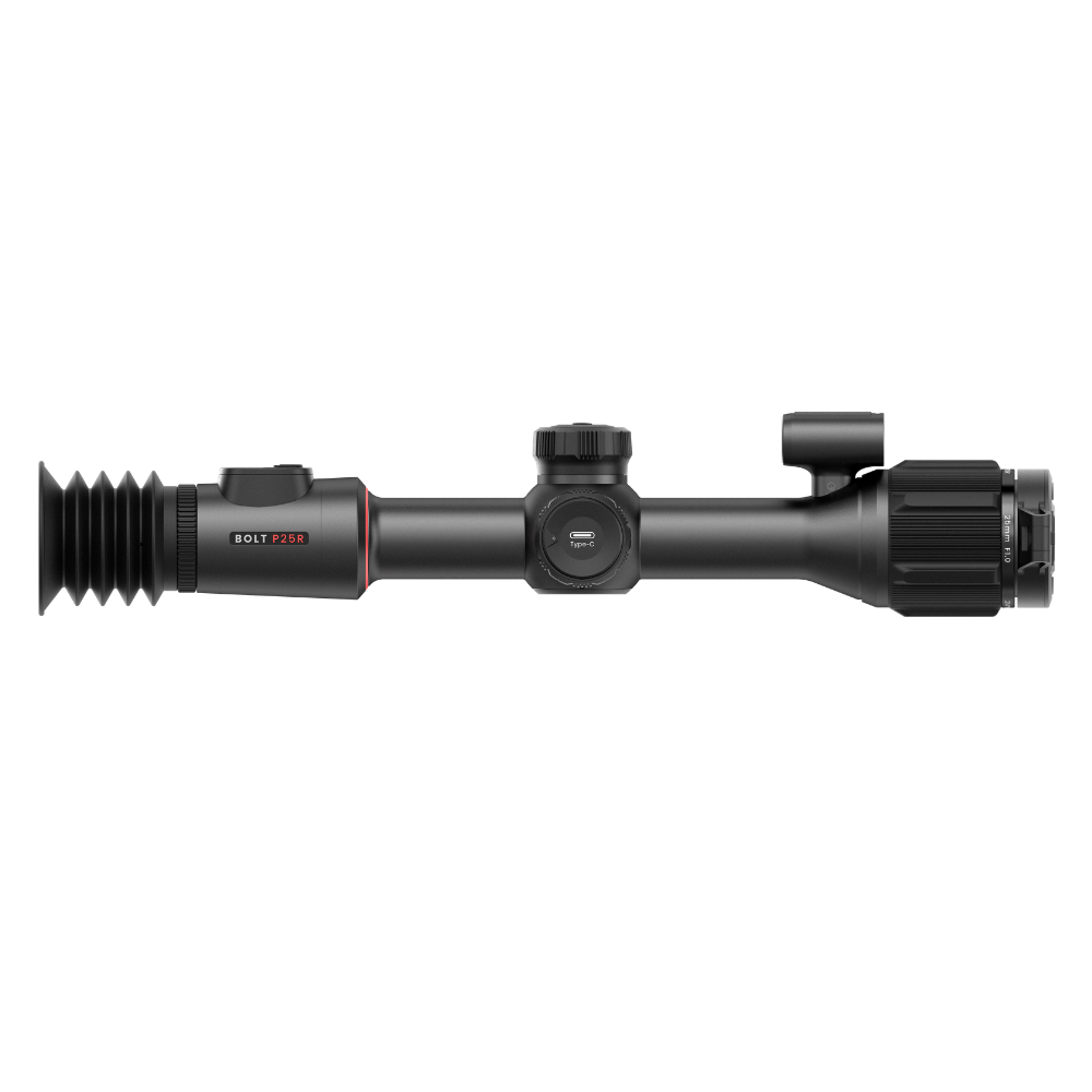 A black rifle scope with a red accent ring and a textured rubber eyepiece, shown horizontally.