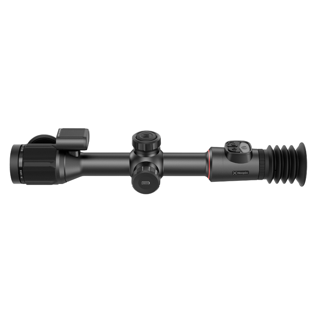 A black rifle scope with a rubber eyepiece and adjustment knobs, shown horizontally.