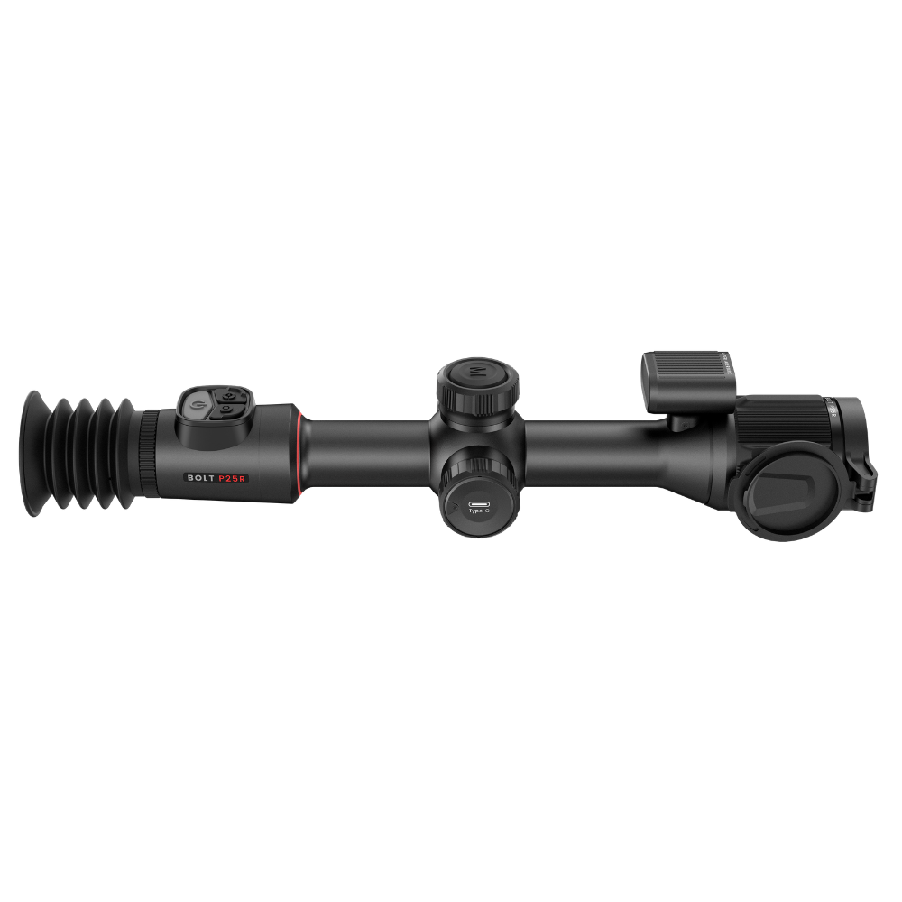 A black riflescope with a rubberized eye piece and adjustable knobs, shown from a side profile.