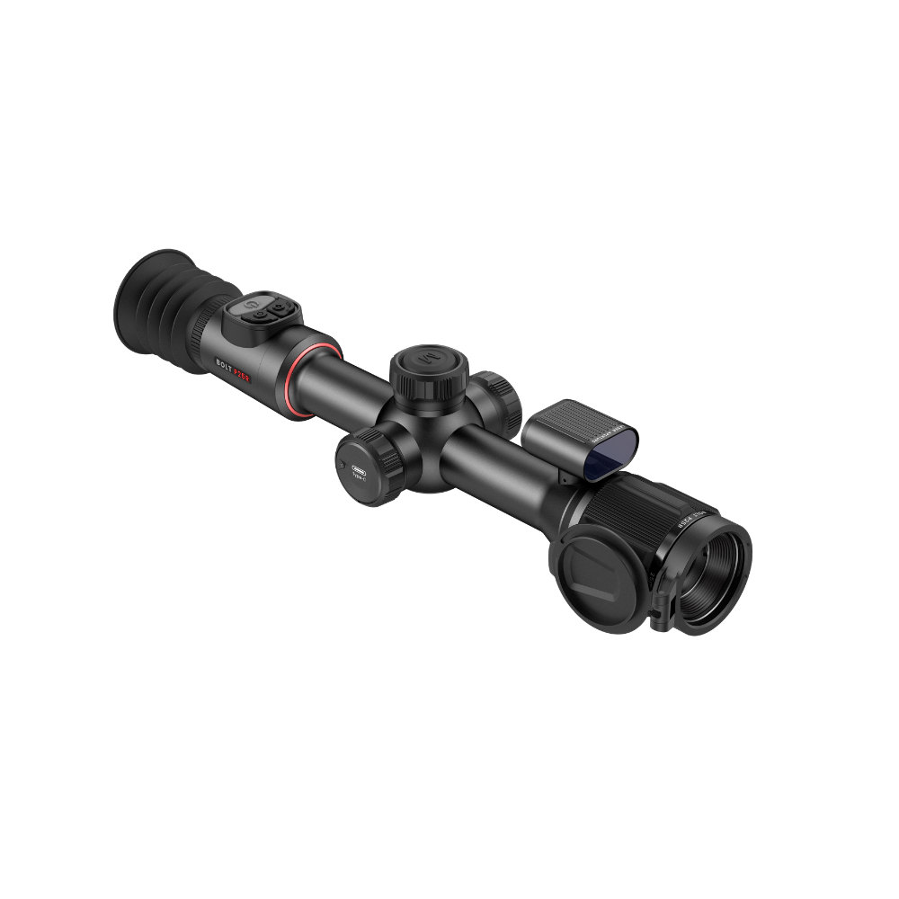 A black thermal rifle scope with a top-mounted illuminator, shown at an angle.