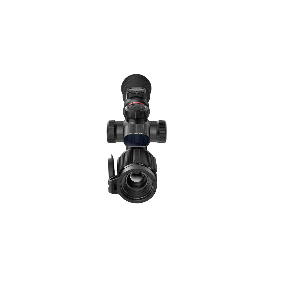 A black rifle scope with adjustment knobs, shown from a top-down perspective.