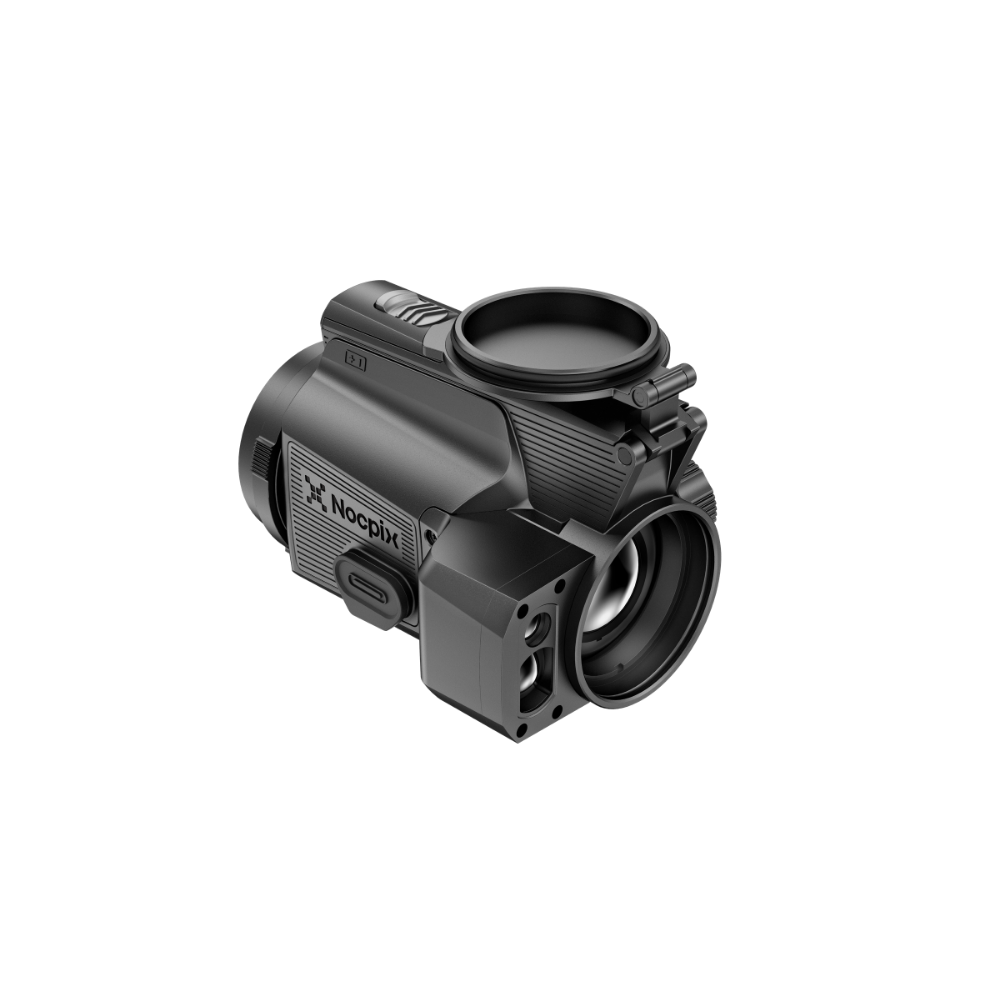 A black Nocpix thermal clip-on device with a circular lens cover.