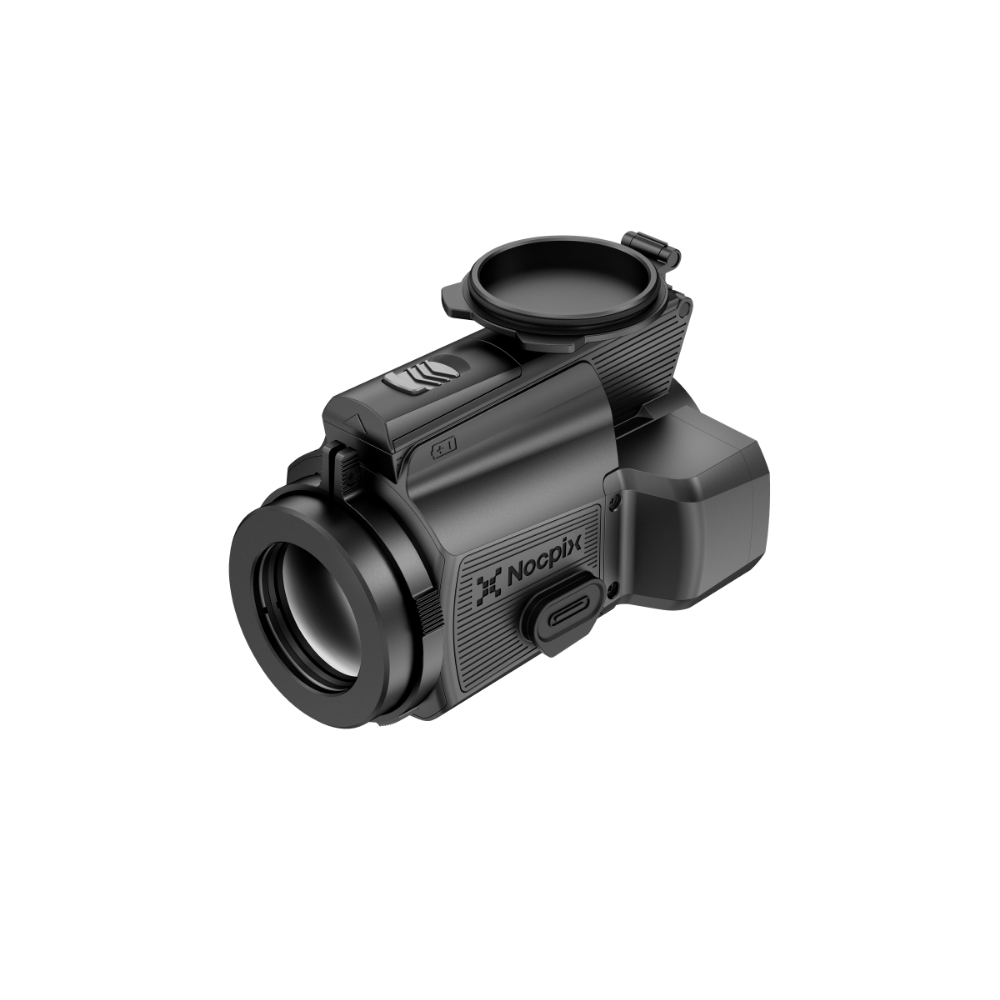 A black Nooptix thermal clip-on with a large front lens, textured grip, and top-mounted lens cap.