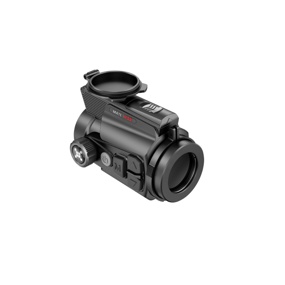 A black thermal clip-on with a top-mounted lens cap, shown at a three-quarter angle.