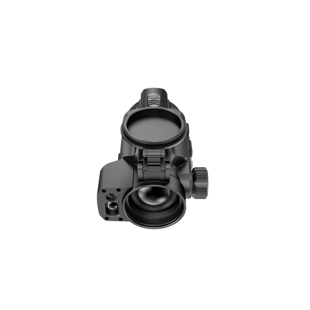 A black thermal clip-on with a textured adjustment knob and protective cover, shown from an elevated angle.