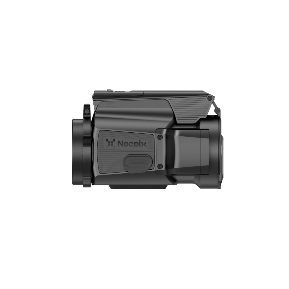 A black Noopix thermal iclip-on with a top-mounted lens cover, shown from a side profile view.