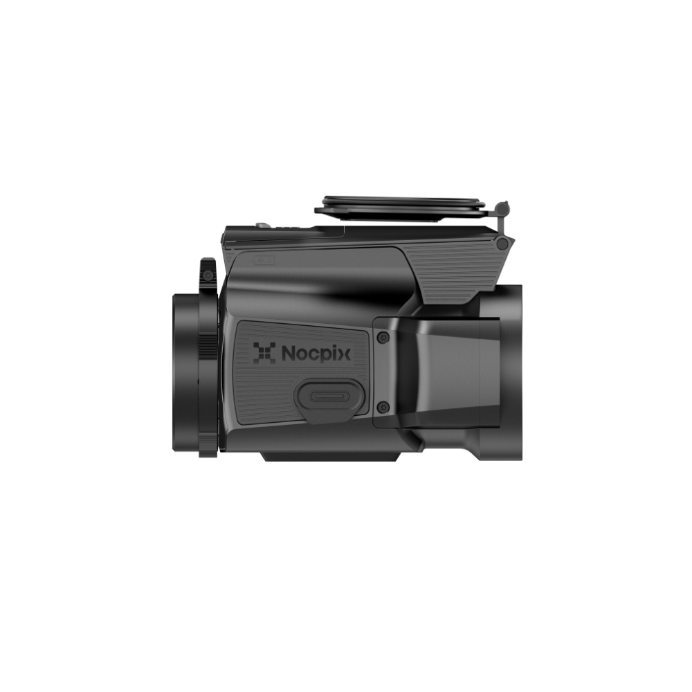 A black Nocpix thermal clip-on from a side profile view.