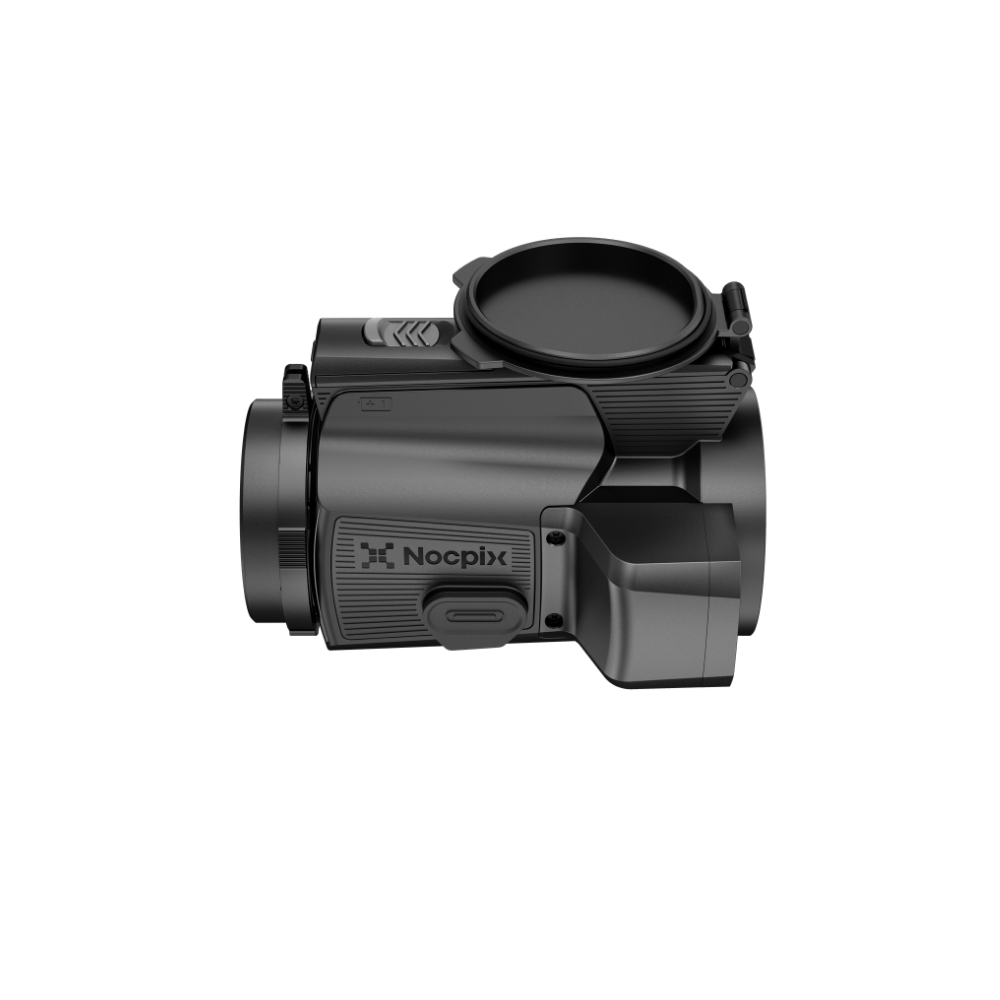 A black Nocpix thermal clip-on with an attached circular lens cover, shown from a three-quarters angle.