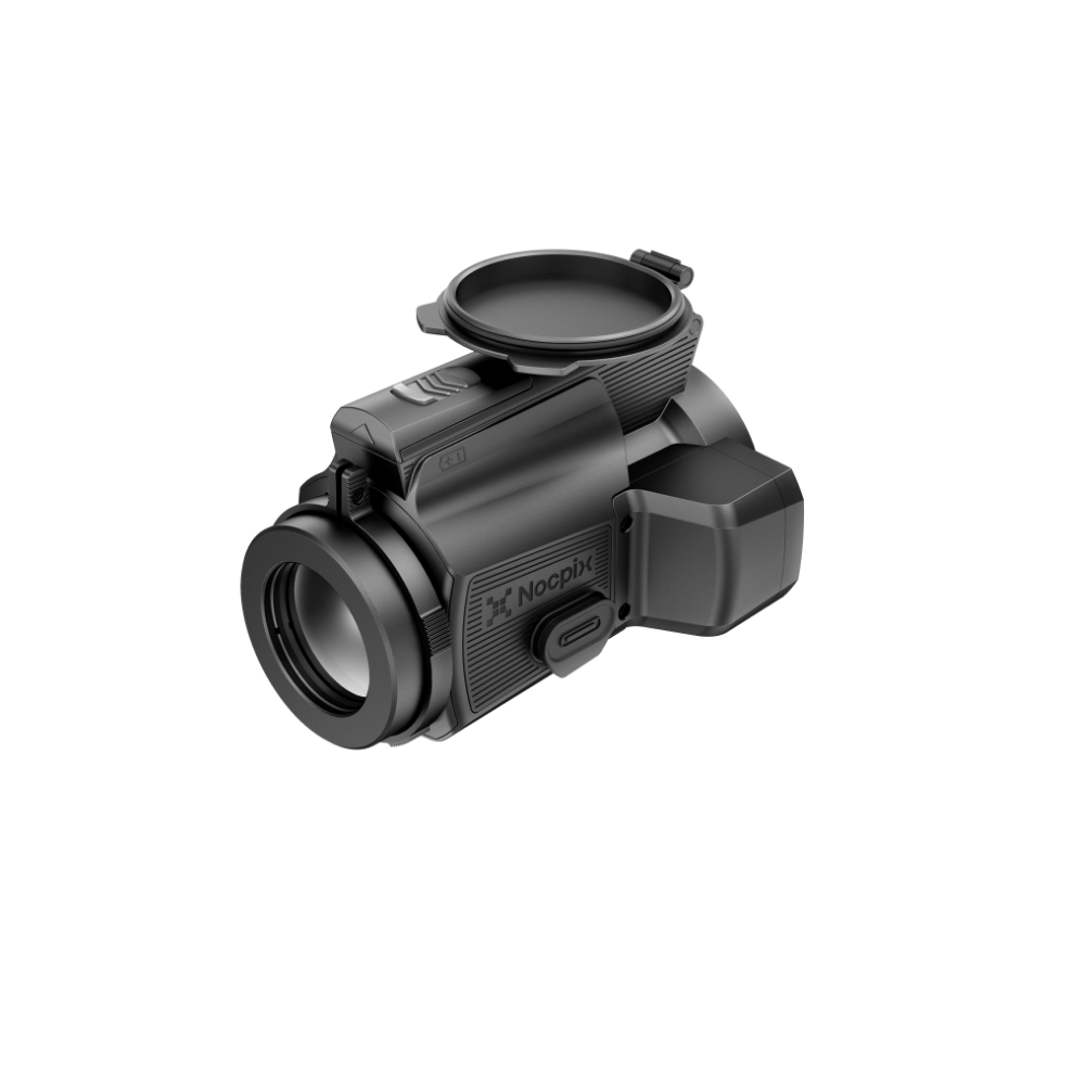 A black Nocpix thermal clip-on with a top-mounted lens cover, shown at a three-quarter angle.