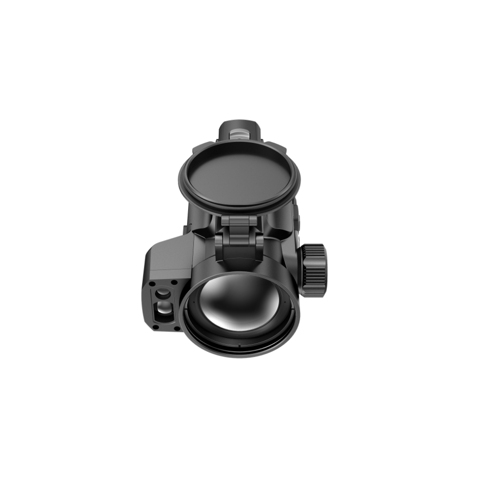 A black thermal clip-on with an open top cover and a large objective lens, shown from a top-down angle.