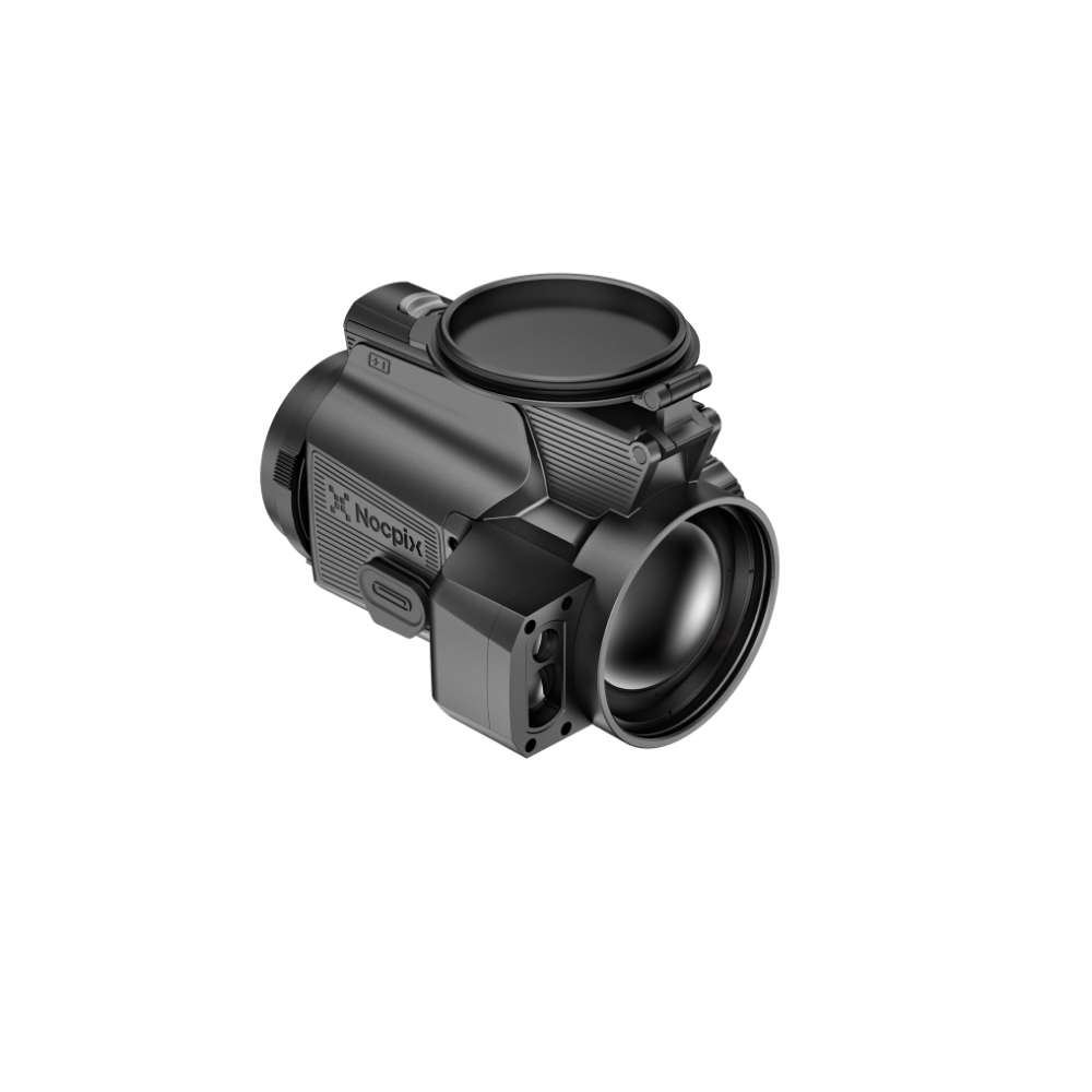 A black Nocpix thermal clip-on with a mounted lens cover, shown at an angle.