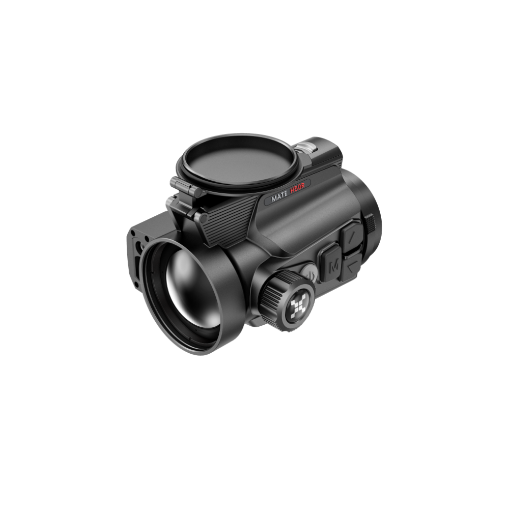 A black thermal clip-on with a mounted lens cap, shown at an angle. Small red and white text is visible on the side of the scope.