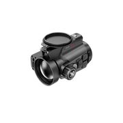 A black thermal clip-on with a mounted lens cap, shown at an angle. Small red and white text is visible on the side of the scope.