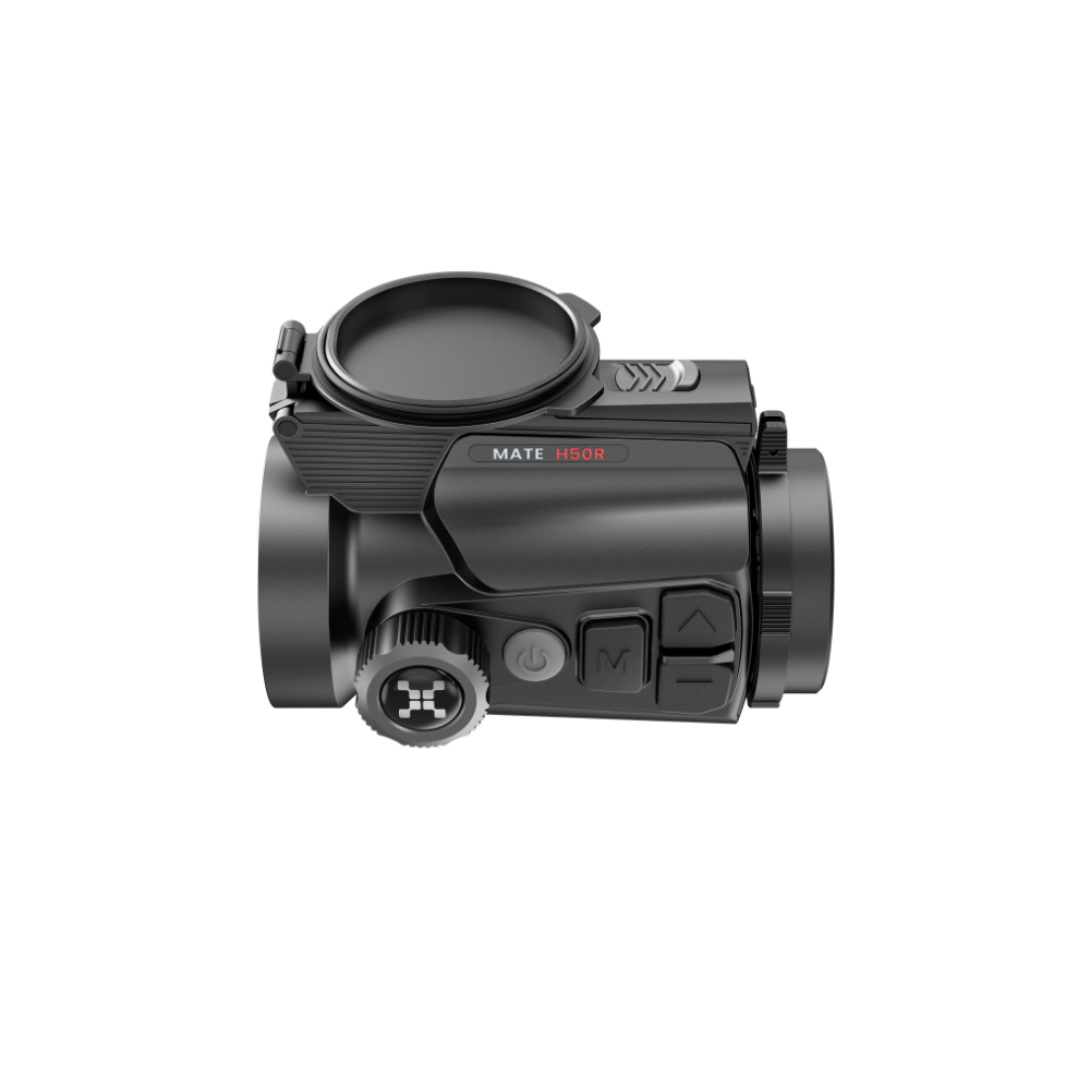 A black thermal clip-on with a circular eyepiece cover, side adjustment dial, and control buttons, labeled 'MATE H50R' in red text.