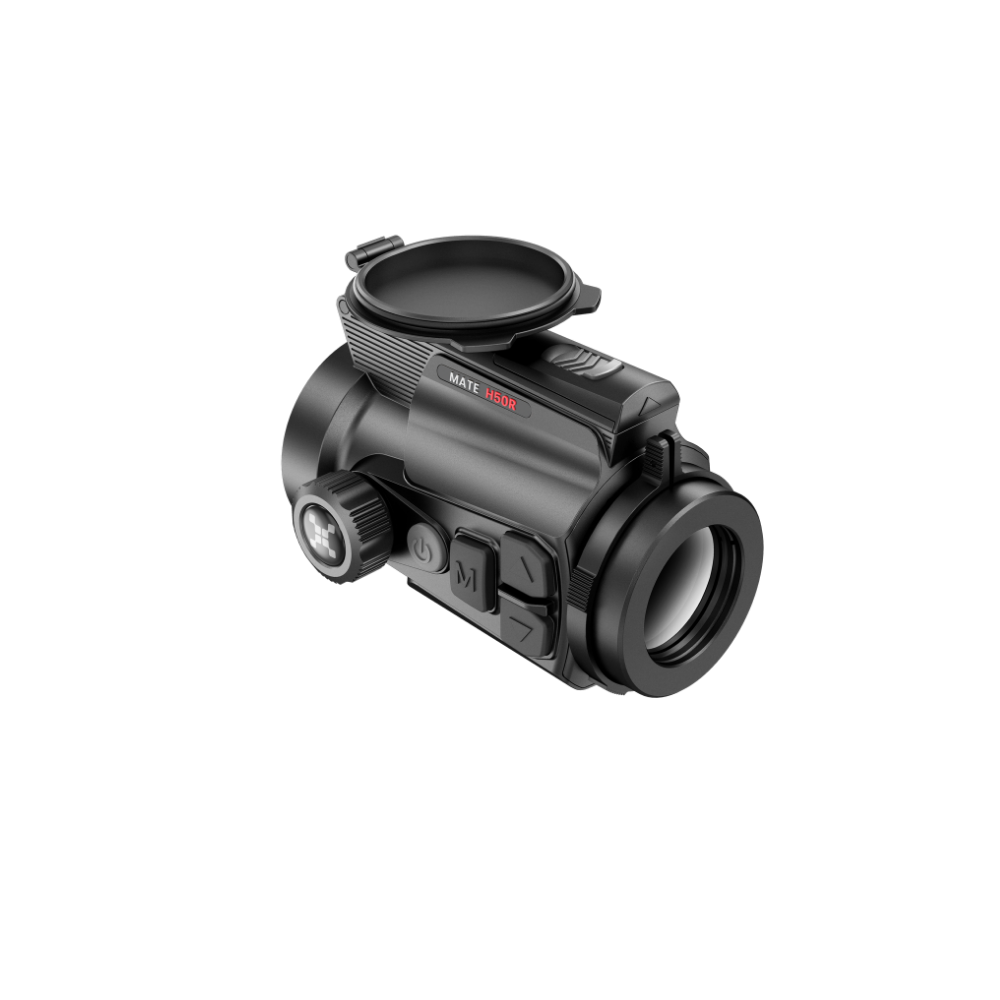 A black clip-on with a flip-up lens cover, shown at an angle. The model name 'Mate H50R' is printed in white and red on the side.