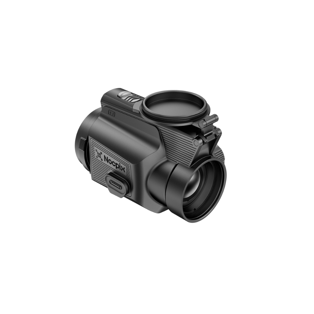 A black Nocpix thermal clip on with a matching black protective cover, shown from a three-quarters perspective.