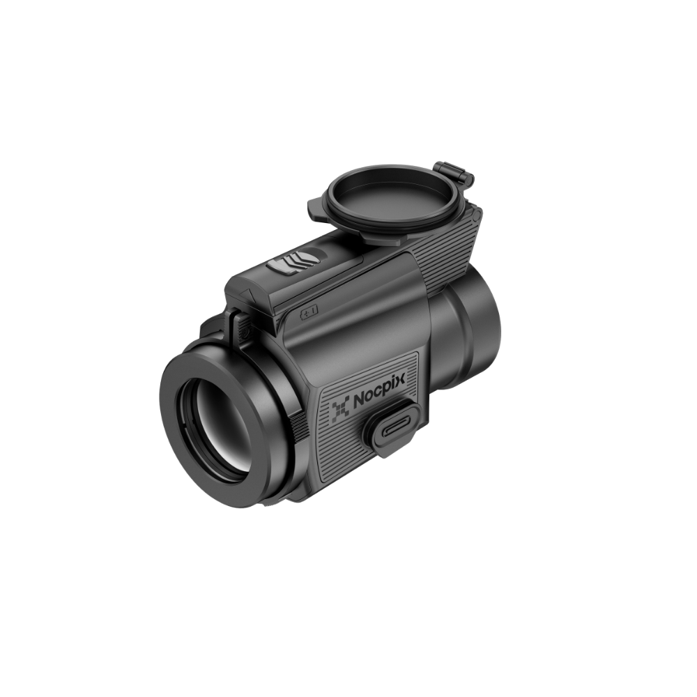 A black Noctix thermal clip on with an attached top-mounted lens cover.