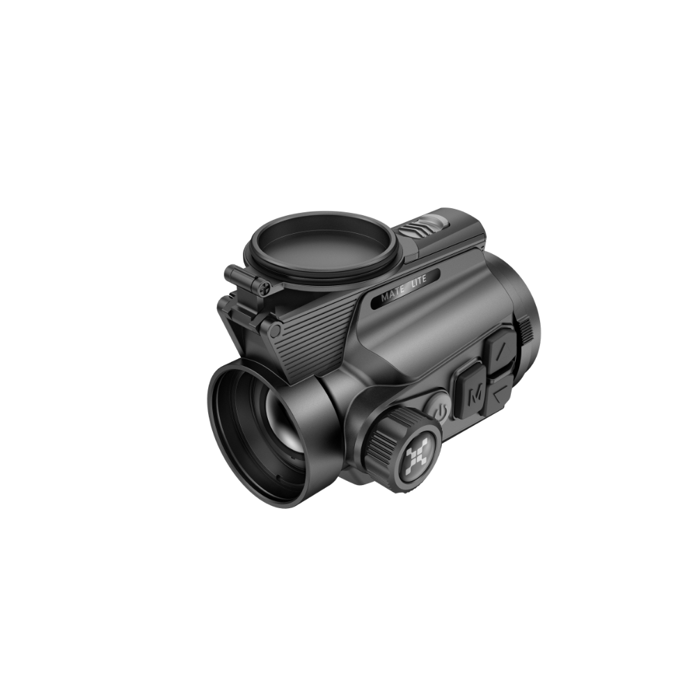A black thermal clip on with a large objective lens, top-mounted lens protective cap, and side control buttons.