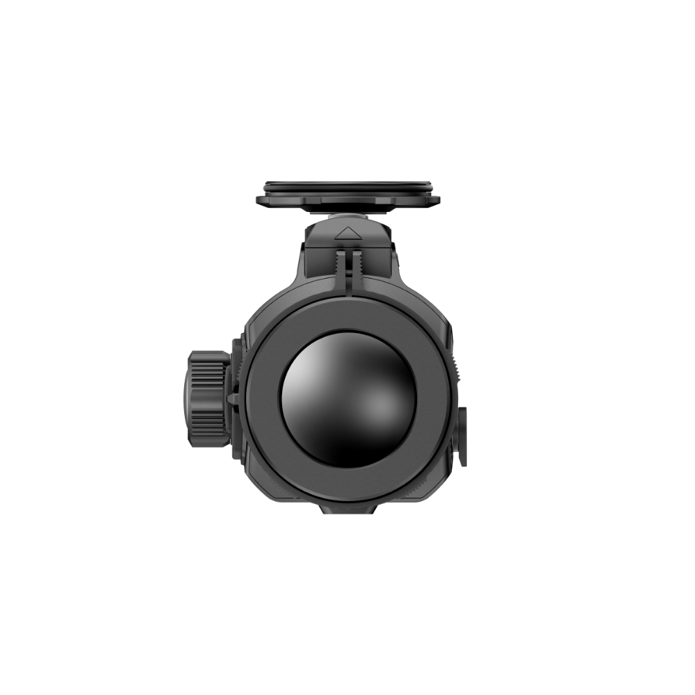 A black clip on with a central objective lens and adjustment knobs, shown from a top-down perspective.