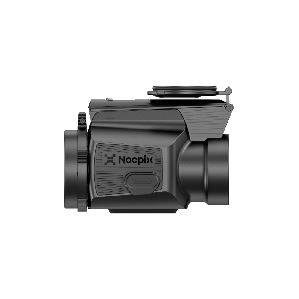 A black Nocpix thermal clip on with a top-mounted eyepiece cover, shown from a side profile view.