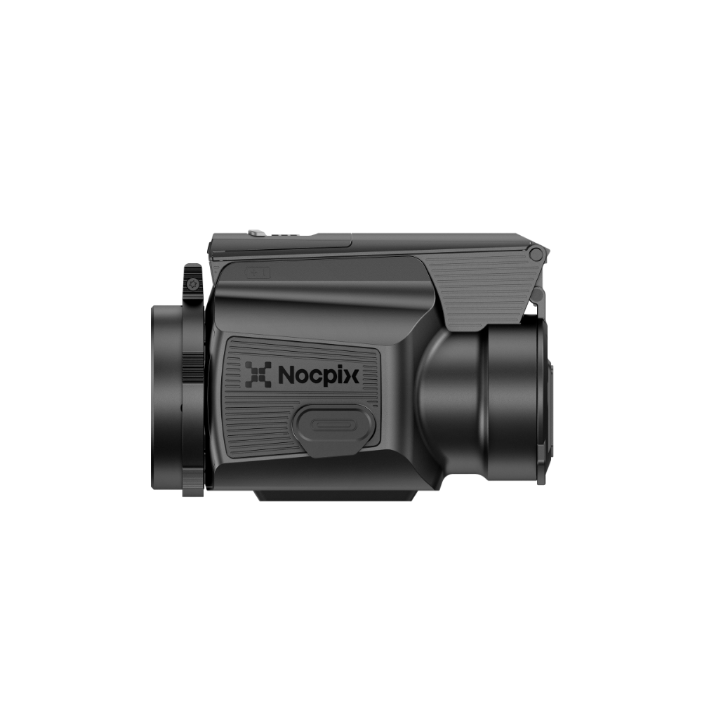 A black Noocpix thermal clip-on shown from a side profile view.