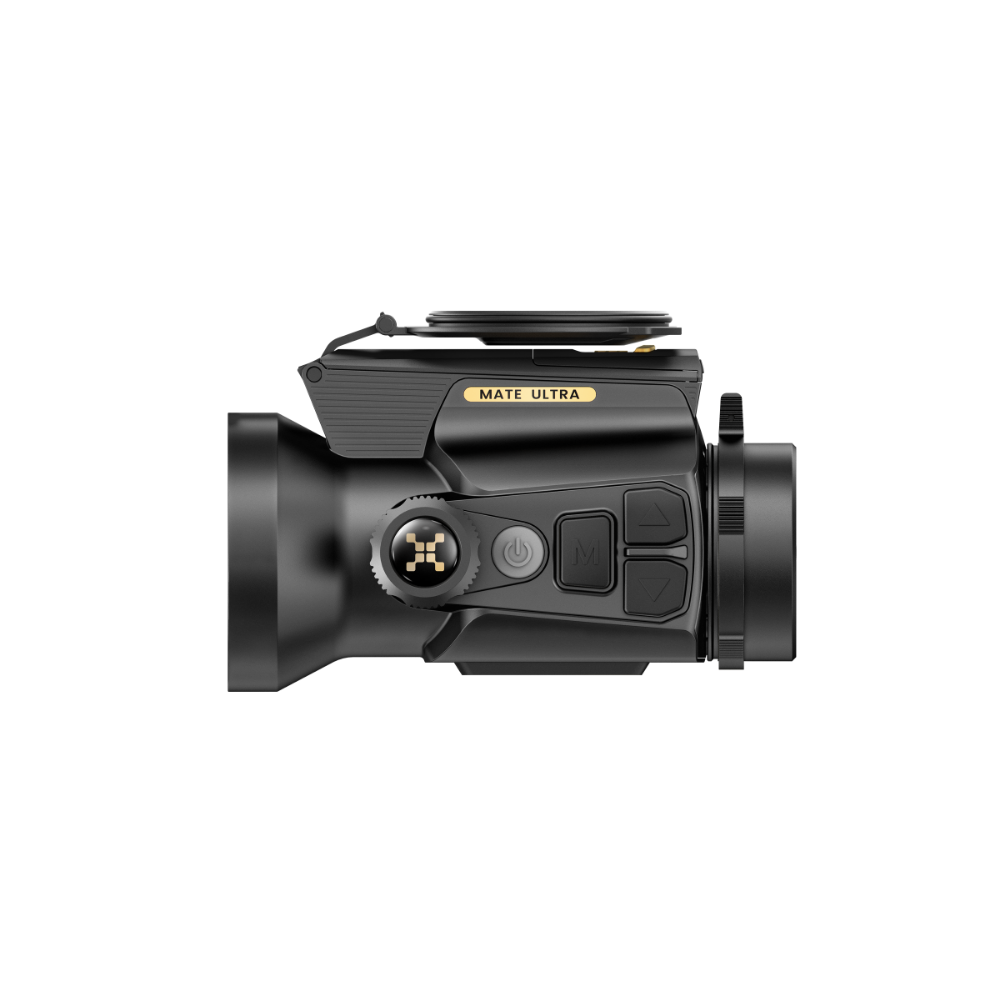 A black thermal clip-on with a matte finish, featuring a top-mounted lens cover, control buttons, and a small yellow 'MATE ULTRA' label, shown from a side profile.