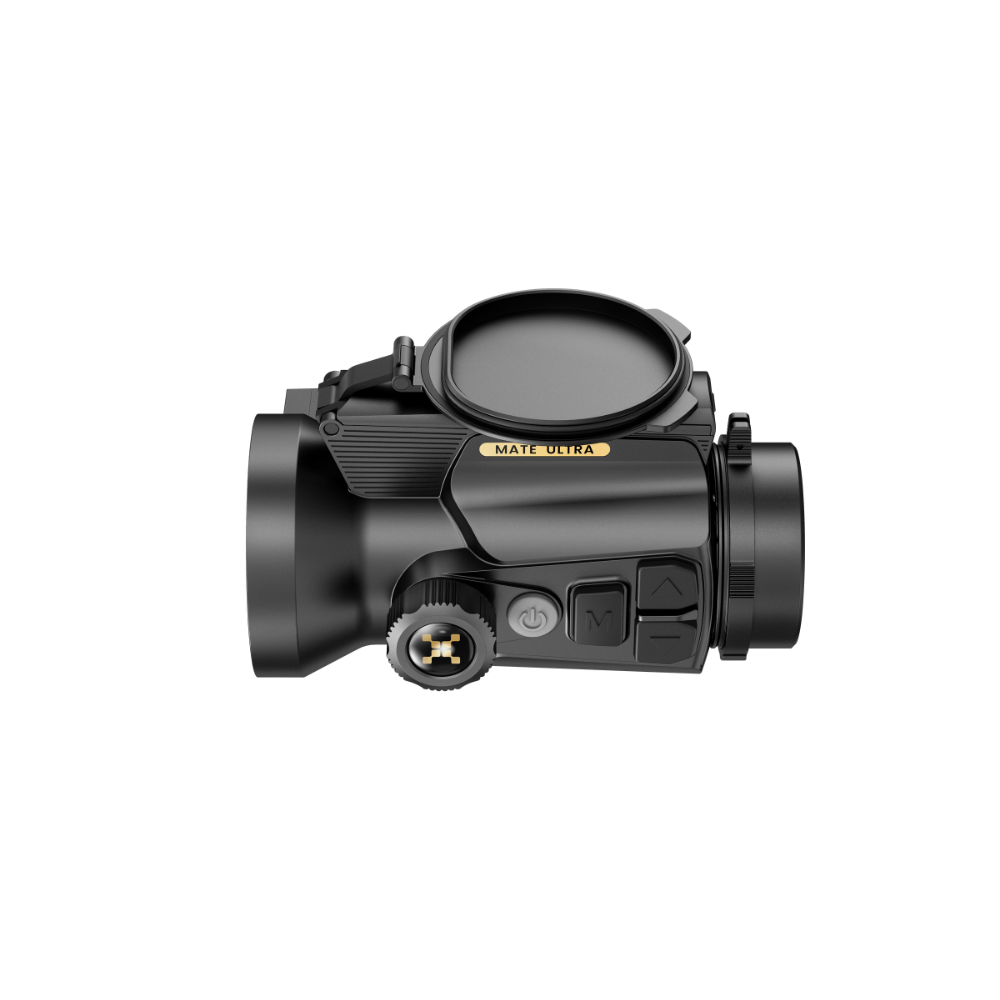 A black thermal clip-on with a circular objective lens cover, textured grip, and gold 'MATE ULTRA' branding.