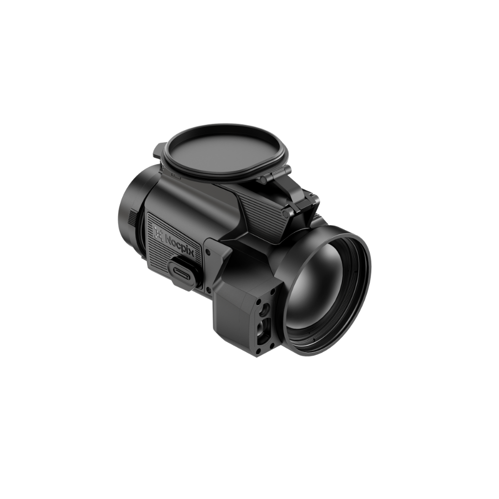 A black thermal clip-on with a circular objective lens cover, textured grip.