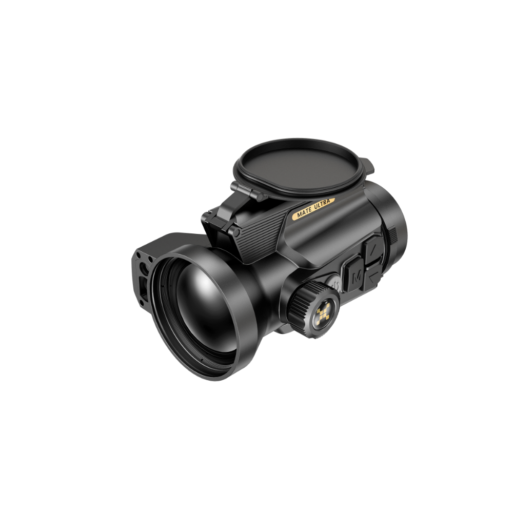 A black thermal clip-on with a large objective lens, adjustment dials, and a circular lens cover. The brand name 'MATE Ultra' is printed in gold on the side of the scope.