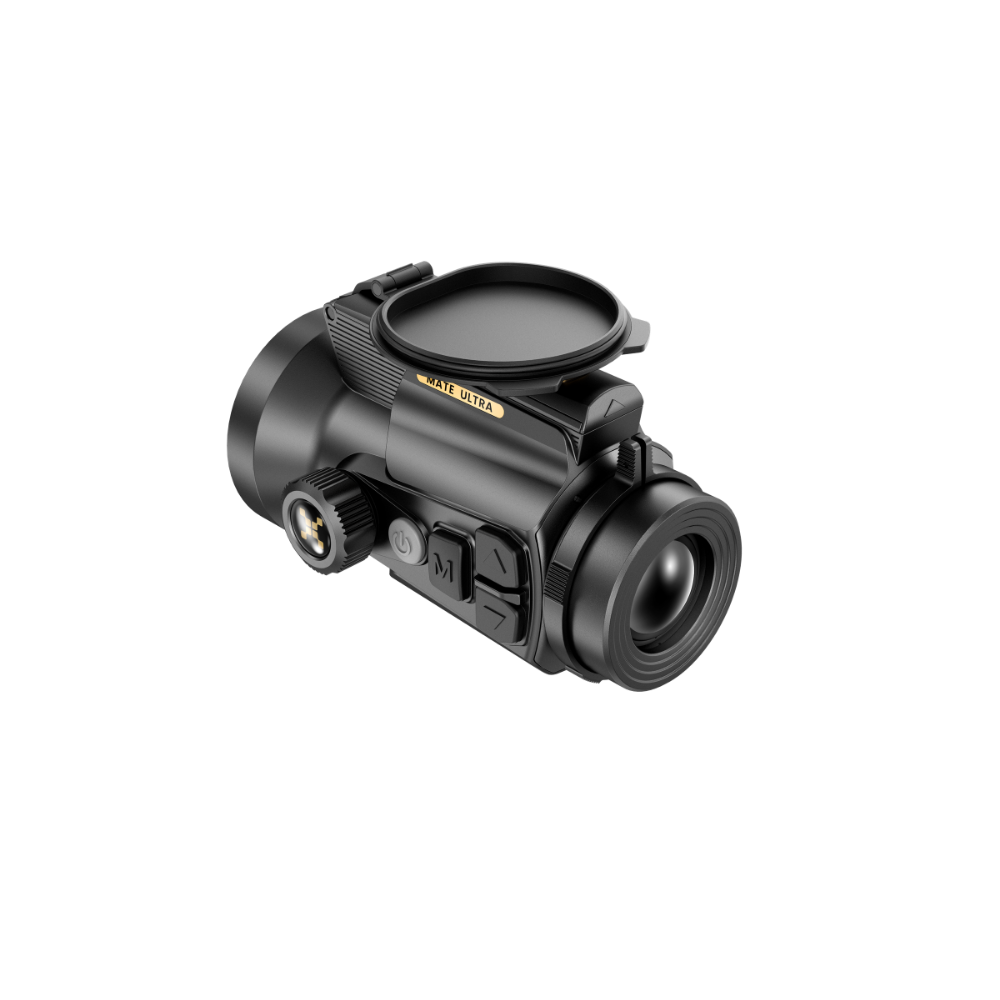 A black thermal clip-on with a circular objective lens cover, textured grip, and gold 'MATE ULTRA' branding.