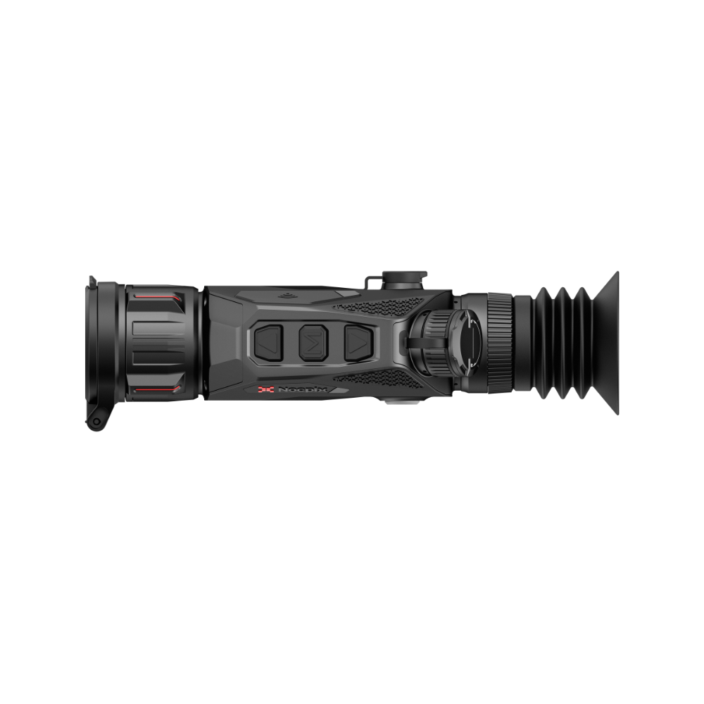 A black thermal monocular with a red and white Nocpix logo on the side, shown from the side angle.