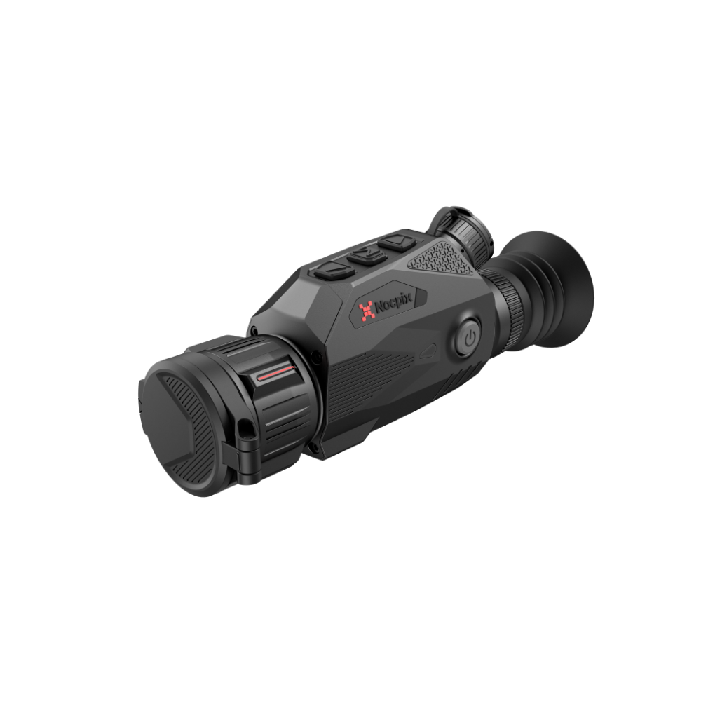 A black thermal rifle scope with a red and white Nocpix logo on the side, shown at a three-quarter angle.