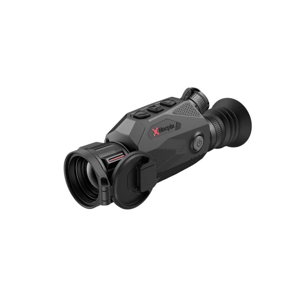 A black thermal monocular with a red and white Nocpix logo on the side, shown at a three-quarter angle.
